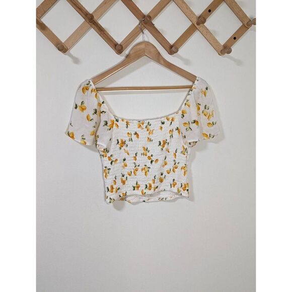 Abercrombie & Fitch White Lemon Print Smocked Waist Crop Top - Size S - Picture 4 of 6